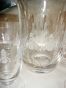 Vintage Lenox Crystal pitcher and glasses LIGHTHOUSE
