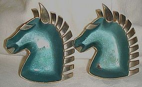 Vintage metal horse head ashtrays blue enamel chrome