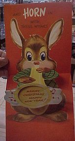 Vintage 50's Christmas pop-up card Bunny blowing horn