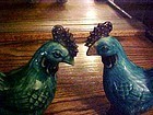 Old pair glazed clay blue chicken figurines China