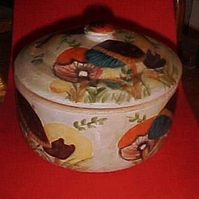 Old Hand Painted mushrooms crock and lid Chico Ca signed