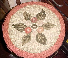 Antique wool latch hooked rug circular chair pad