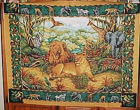 1 yd uncut fabric panel Lion family and jungle animals  new old stock