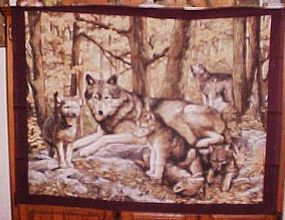 1 yd uncut fabric panel Timber wolf family  new old stock