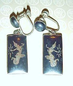 Vintage dangle earrings Siam Sterling n black dangle earrings dancers