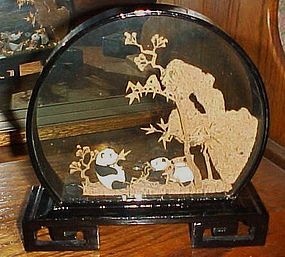Vintage Chinese cork diorama with  panda bears and black lacquer frame