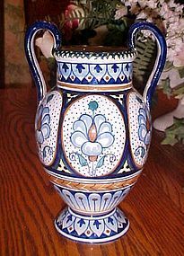Old Italy Faence vase with handles and cobalt decorations 8.5" tall