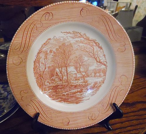 Currier and Ives The old grist mill pink red dinner plate 10"