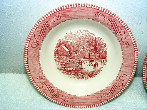 Currier and Ives "Early Winter"  pink red rimmed soup bowl Royal China