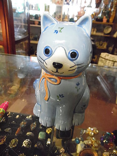Otagiri lg ceramic cleanser shaker Cat Kitten Calico Blue Vtg 80s