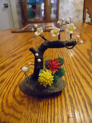 Small vintage flowering bonsai with glass flowers and crane Japan