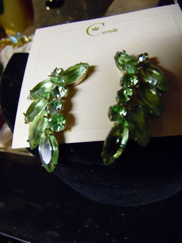 Vintage peridot green rhinestone clip earrings  by Carol California
