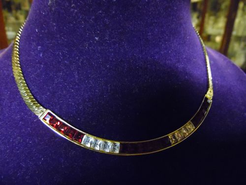 Vintage Givenchy gleaming gold tone choker necklace red rhinestones