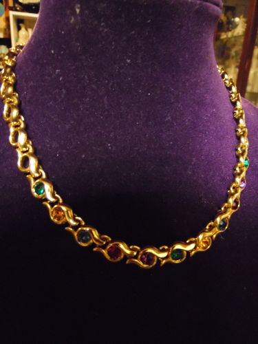 Vintage Napier gold tone link necklace with multi color stones
