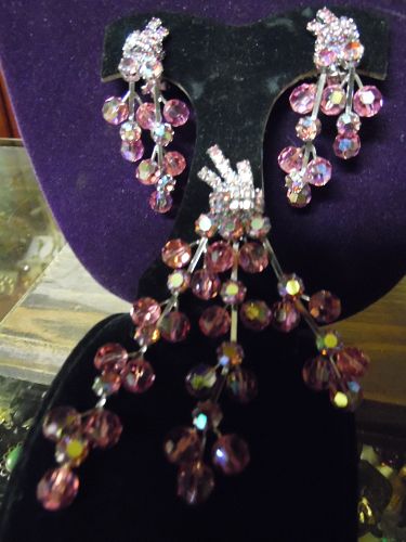 Lg Vintage pink aurora borealis beaded pin and clip earrings Stunning