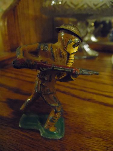 Vintage Barclay lead toy soldier with gas mask