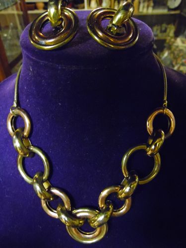 Vintage Mod chunky copper gold tone circle links necklace n earrings