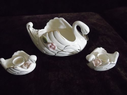 Vintage Artmark Japan 3 pc swan vase and candle holders