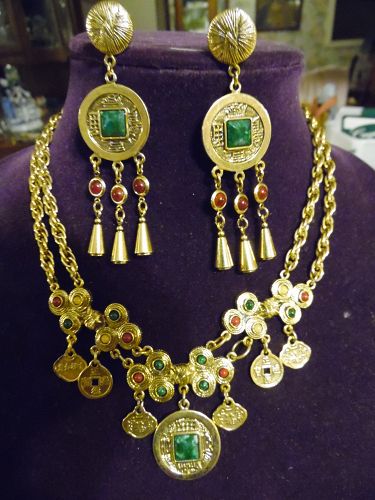 Goldtone double necklace with coins and  gemstones matching earrings
