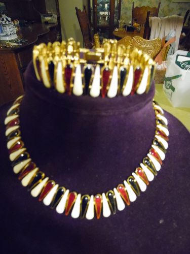 Signed vintage  Viro red white blue enamel bracelet and necklace set