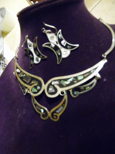 Alpaca Mexico silver abalone enamel  bib necklace and pierced earrings