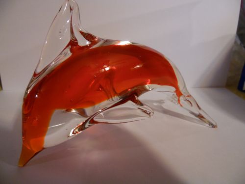 Hand blown clear  and red art glass dolphin figure paperweight