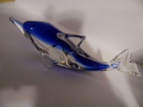Hand blown blue and clear art glass dolphin figurine paperweight 5"