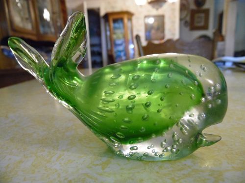 Green and clear art glass  control bubble whale paperweight