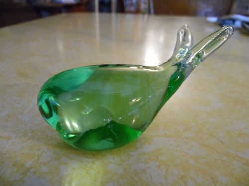 Little peridot green art  glass whale paperweight.