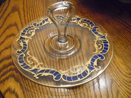 Vintage deco hand painted glass center handle server tray
