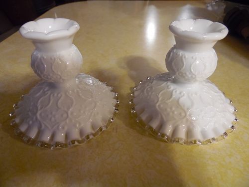 Pair Fenton Spanish lace silver crest candle holders beautiful