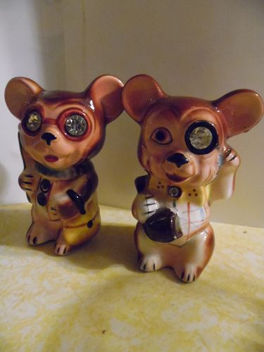 Vintage 50's Lefton mice shakers with large rhinestone eyes