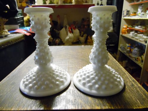 Fenton milkglass hobnail candle sticks pair 6"