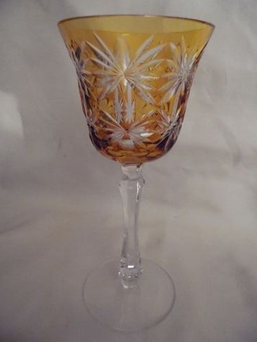 Kusaks Cut Glass Works Butterfly amber cut to clear crystal goblet