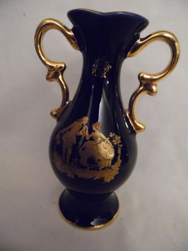 Limoges Castel Porcelain Cobalt Blue Vase Gold fancy handles