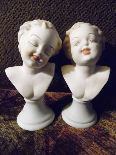 Pair of  hand painted bisque porcelain Victorian child busts 4 1/8"