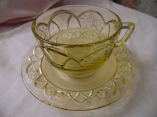 Federal Glass Rosemary, aka Dutch rose amber-yellow cup and saucer
