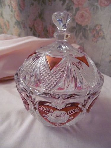 Enesco lead crystal covered dish ruby flashed hearts and roses