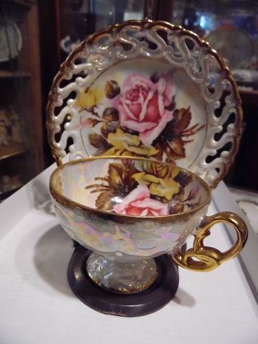 Royal Sealy fancy pink roses lustre teacup and saucer pedestal foot