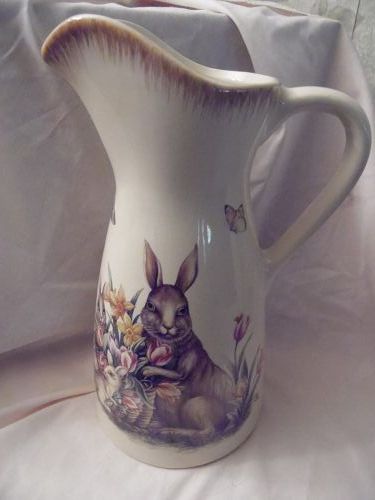 Peter Rabbit Easter Bunny flowers and butterflies tall ceramic pitcher