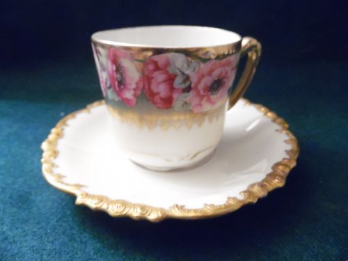 JP Limoges France demi cup and saucer roses heavy gold for Gumps  SF