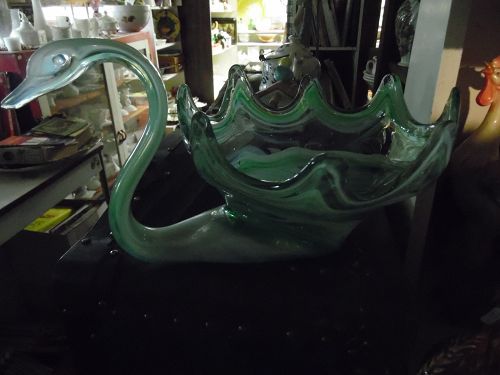 Lovely large hand blown swan bowl or vase soft green swirls