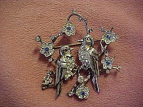 Sterling Birds and blossoms rhinestone  pin- signed