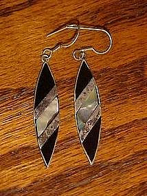 Long, hand crafted sterling, onyx and abalone earrings