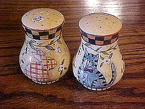 Salt & pepper shakers, bunny, beehive, cat, & bluebirds