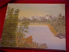 Oil painting of lake and mountain scene