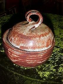 Pottery cache pot with lid, brown drip soft glaze