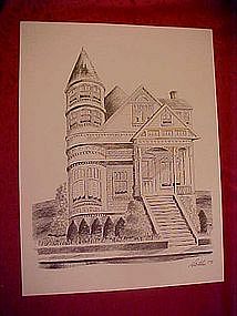 Victorian house with tall turret, print by Dathe 1973