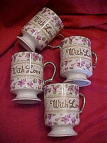 Chintz violet coffee mugs set, "With Love" gold trim