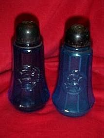 Large blue glass salt and pepper shakers ,Eagle emblem